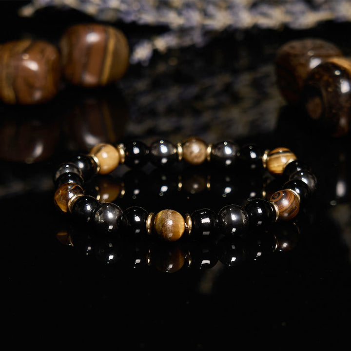 Pulsera de cuentas de hematita y ojo de tigre de obsidiana de 8 mm de Olivenorma