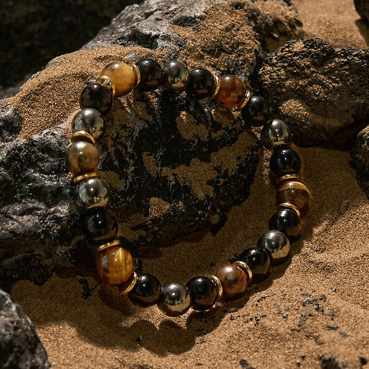 Pulsera de cuentas de hematita y ojo de tigre de obsidiana de 8 mm de Olivenorma