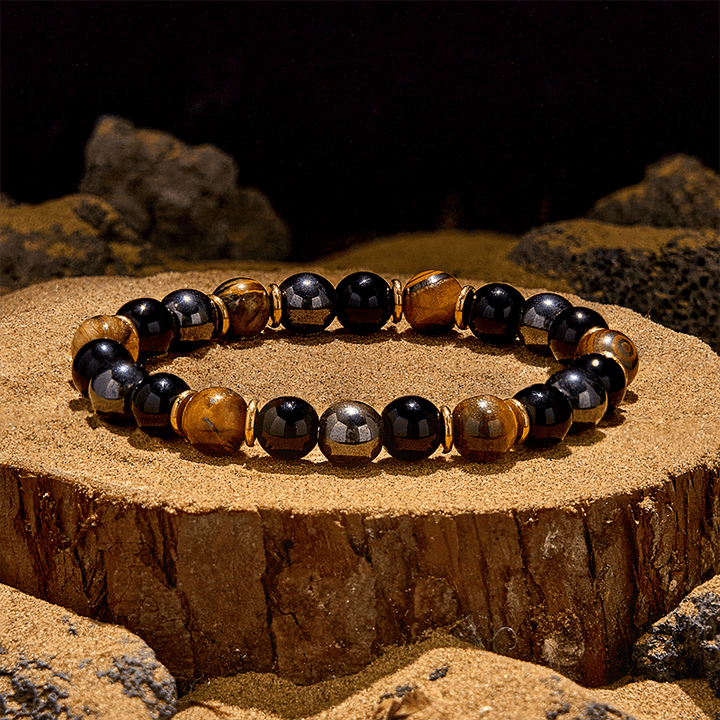 Pulsera de cuentas de hematita y ojo de tigre de obsidiana de 8 mm de Olivenorma