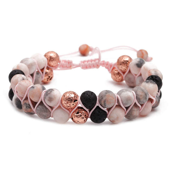 Pulsera trenzada de jaspe cebra rosa y piedra de lava de 2 capas de Olivenorma