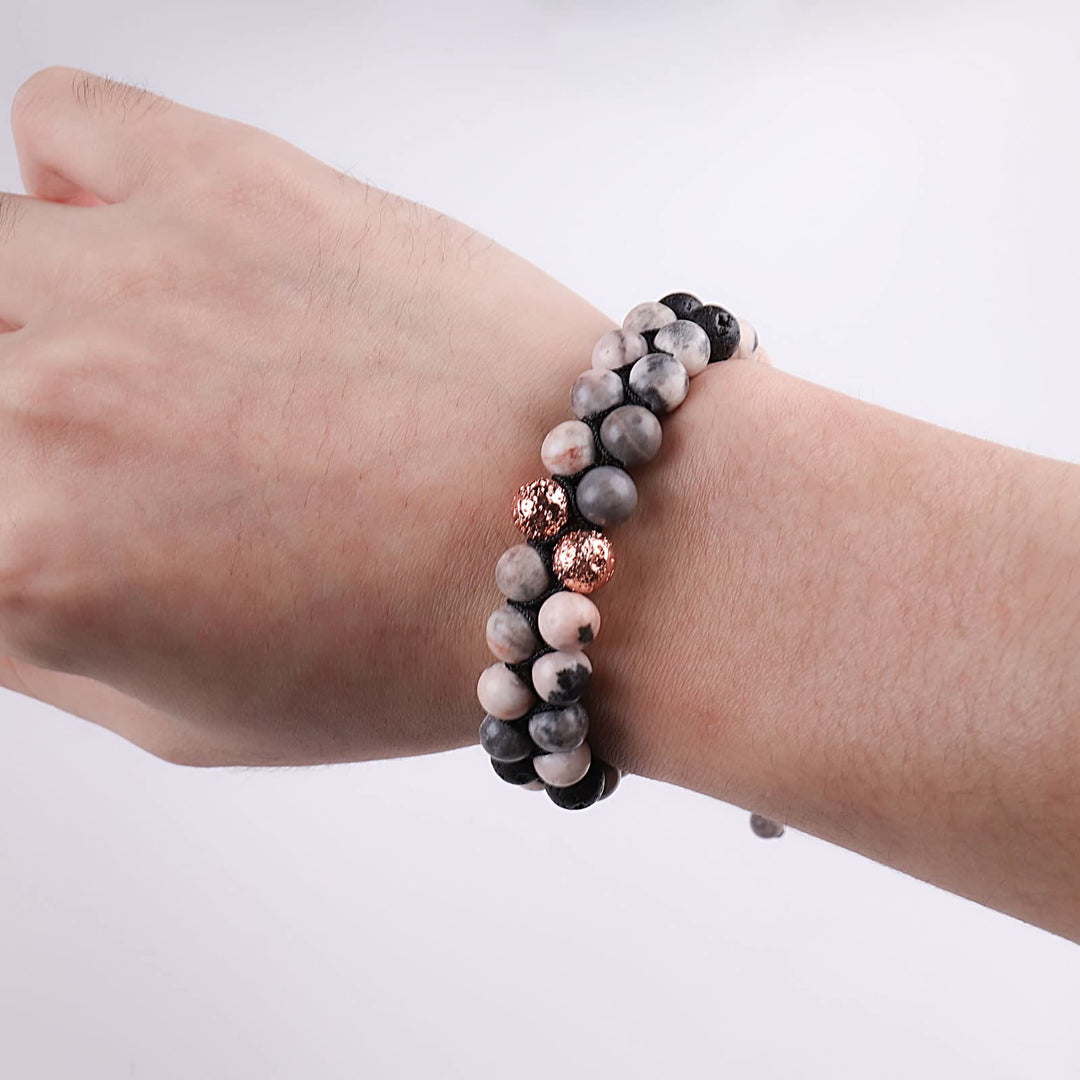 Pulsera trenzada de jaspe cebra rosa y piedra de lava de 2 capas de Olivenorma