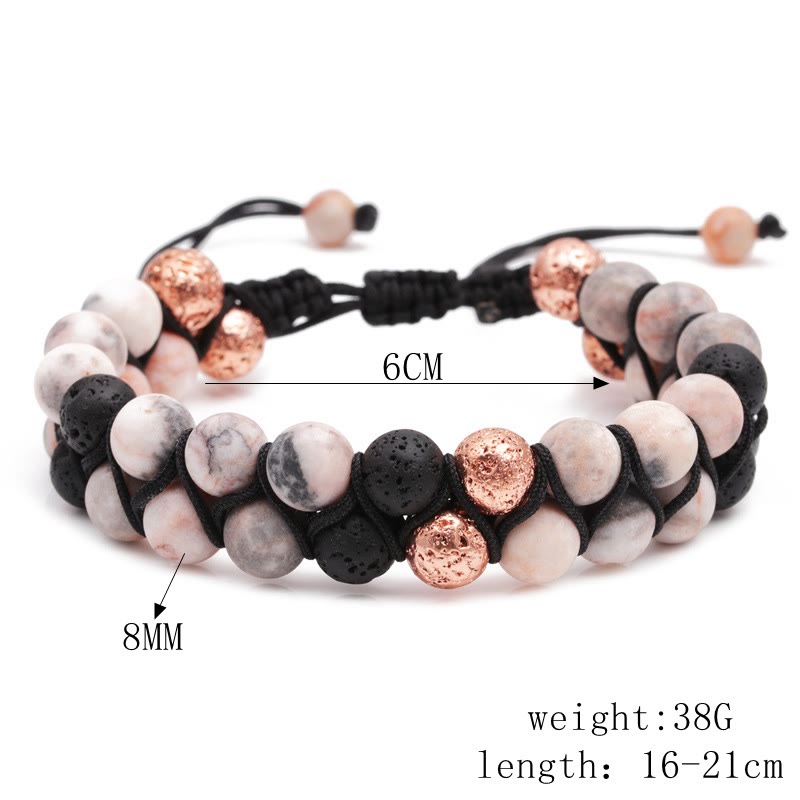 Pulsera trenzada de jaspe cebra rosa y piedra de lava de 2 capas de Olivenorma