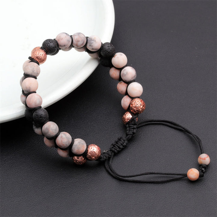 Pulsera trenzada de jaspe cebra rosa y piedra de lava de 2 capas de Olivenorma