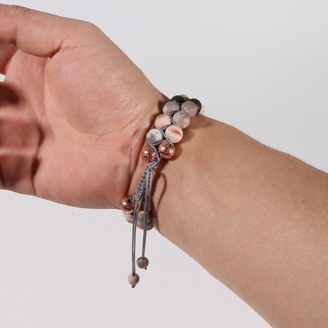 Pulsera trenzada de jaspe cebra rosa y piedra de lava de 2 capas de Olivenorma