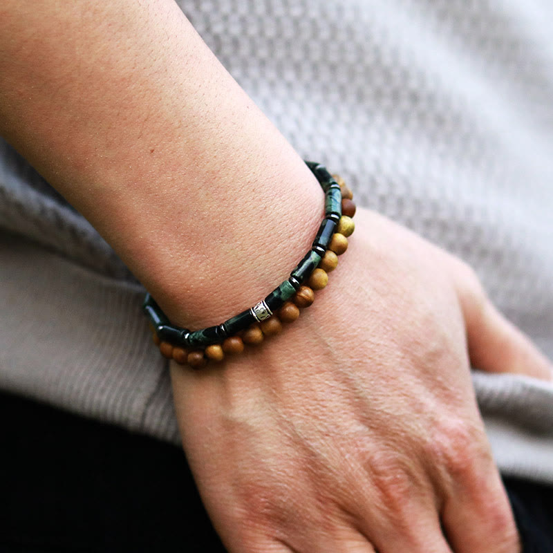 Pulsera de cuentas apiladas de madera de malaquita natural de 2 piezas de Olivenorma