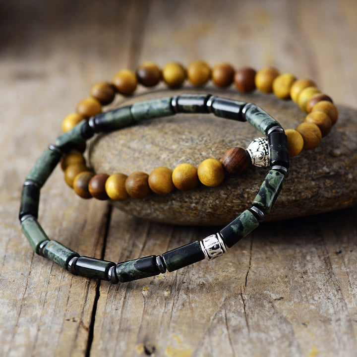 Pulsera de cuentas apiladas de madera de malaquita natural de 2 piezas de Olivenorma