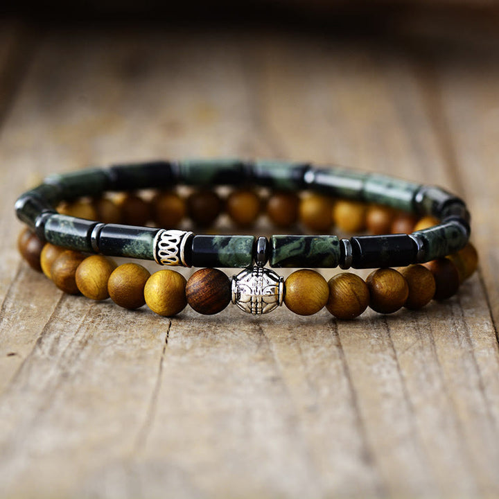 Pulsera de cuentas apiladas de madera de malaquita natural de 2 piezas de Olivenorma