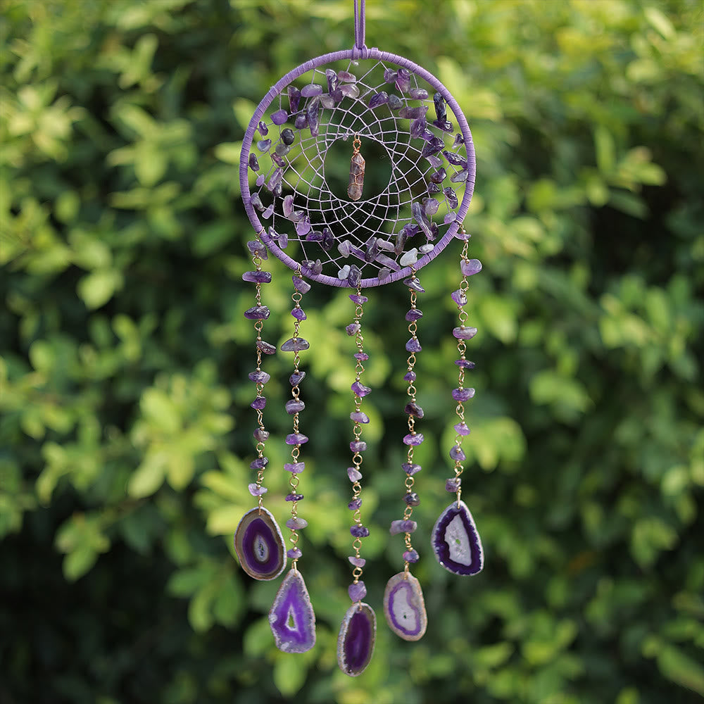 Colgante de carillón de viento con ágata violeta y amatista natural de Olivenorma