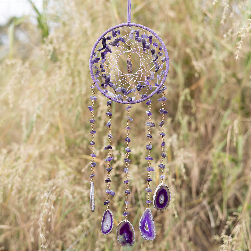Colgante de carillón de viento con ágata violeta y amatista natural de Olivenorma