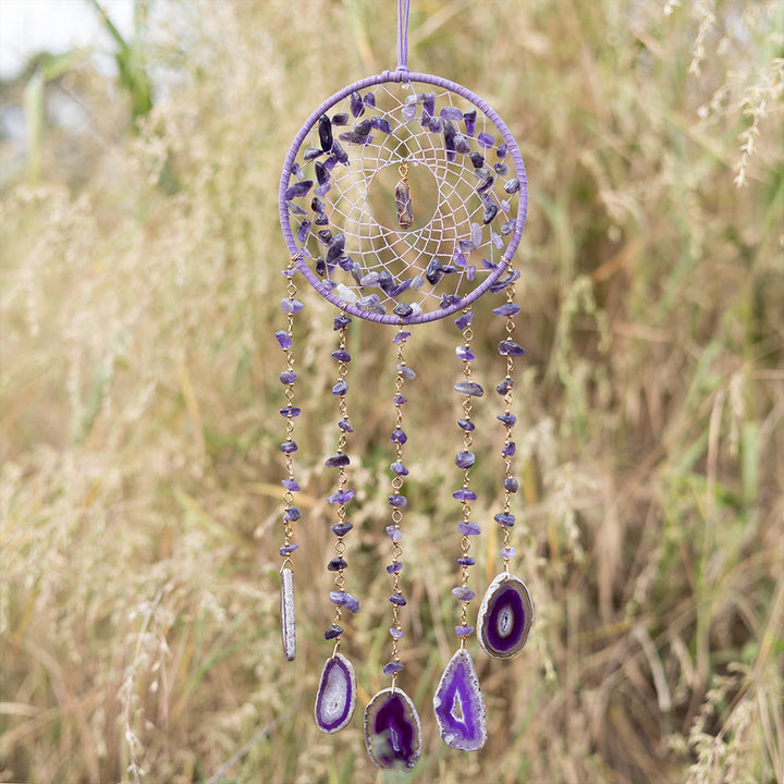 Colgante de carillón de viento con ágata violeta y amatista natural de Olivenorma