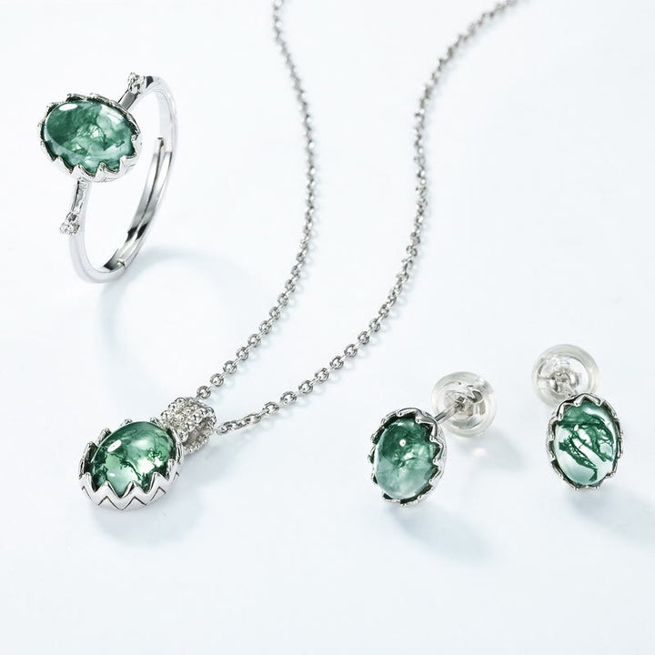 Juego de joyas con colgante de ágata musgosa natural de talla redonda de Olivenorma