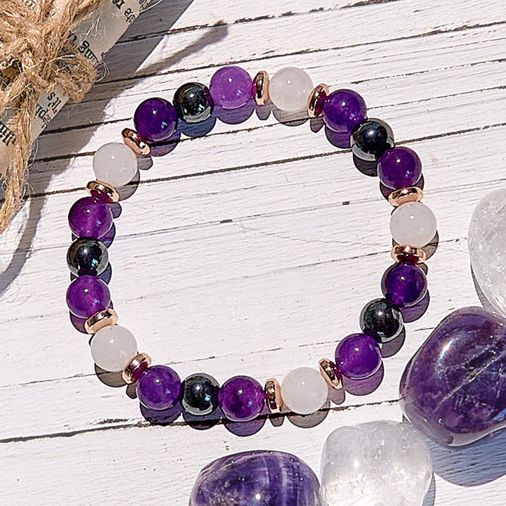 Pulsera de cuentas de hematita, cuarzo rosa y amatista de Olivenorma