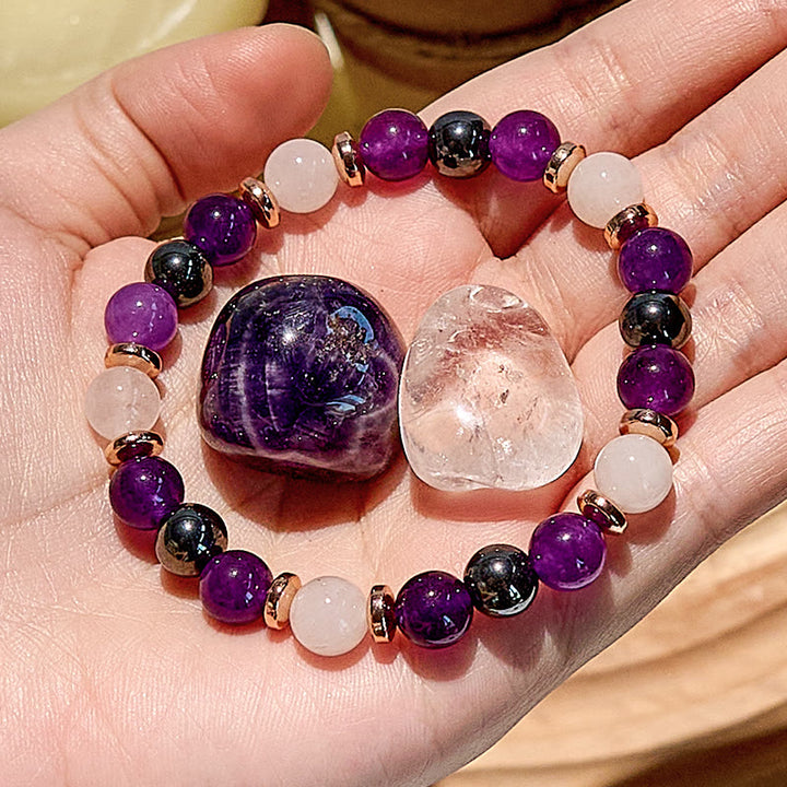 Pulsera de cuentas de hematita, cuarzo rosa y amatista de Olivenorma