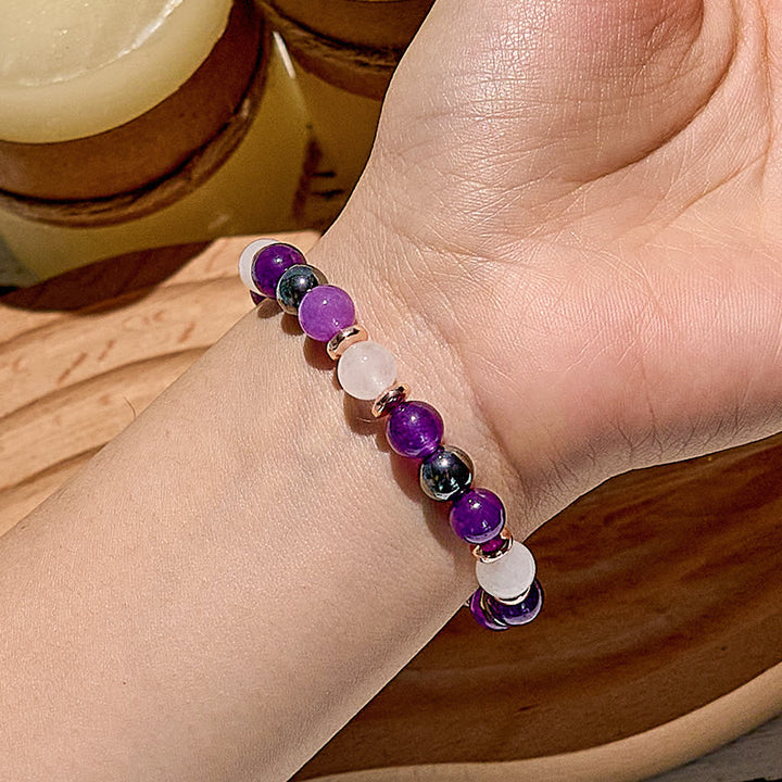 Pulsera de cuentas de hematita, cuarzo rosa y amatista de Olivenorma