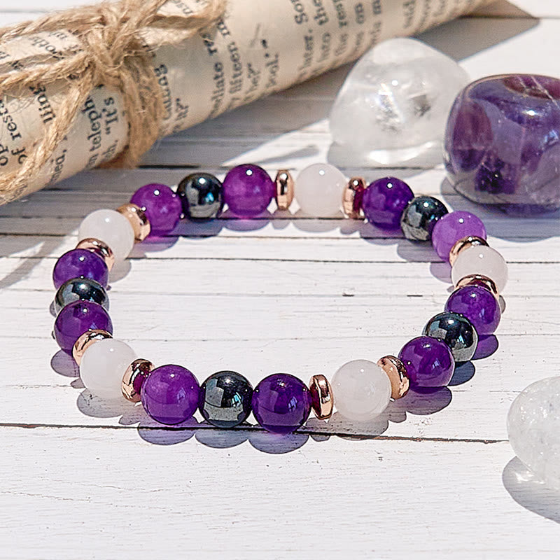 Pulsera de cuentas de hematita, cuarzo rosa y amatista de Olivenorma