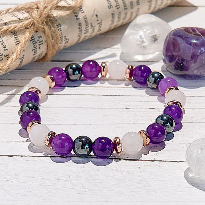 Pulsera de cuentas de hematita, cuarzo rosa y amatista de Olivenorma