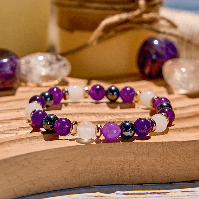 Pulsera de cuentas de hematita, cuarzo rosa y amatista de Olivenorma