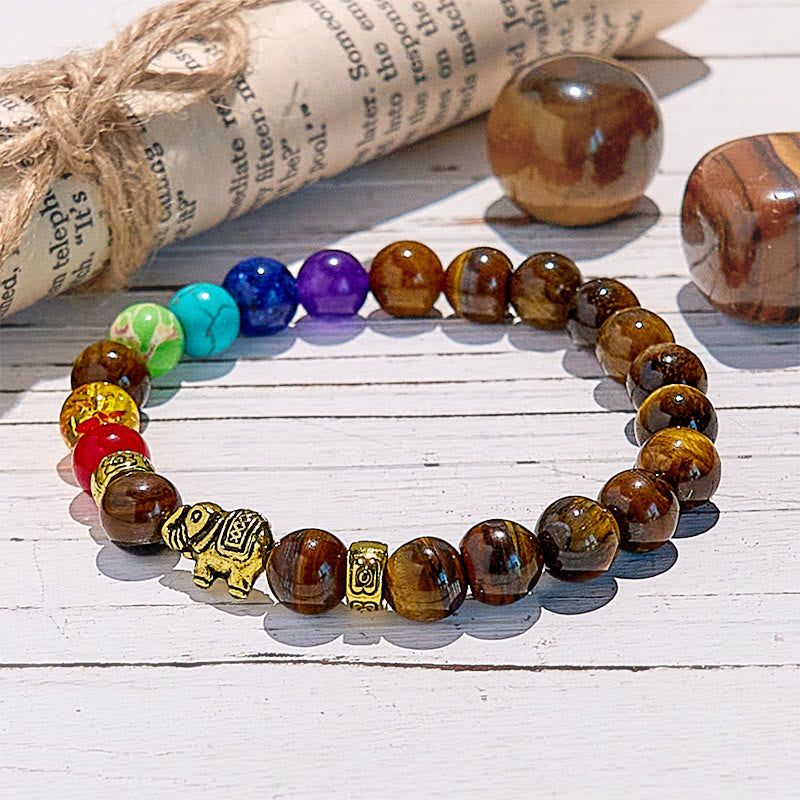 Pulsera de cuentas con colgante de elefante y ojo de tigre de chakra de Olivenorma