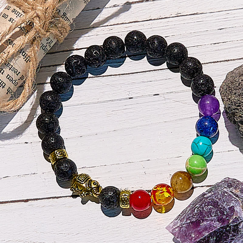 Pulsera con cuentas y colgante de elefante con piedra de lava de Olivenorma
