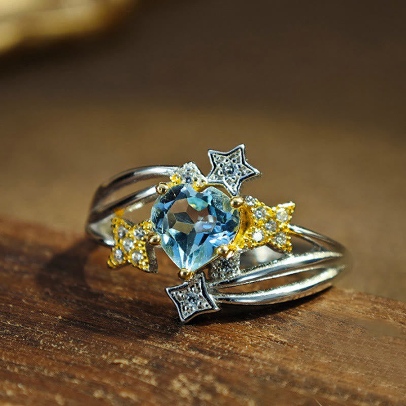 Anillo con estrella y corazón de topacio azul natural de Olivenorma
