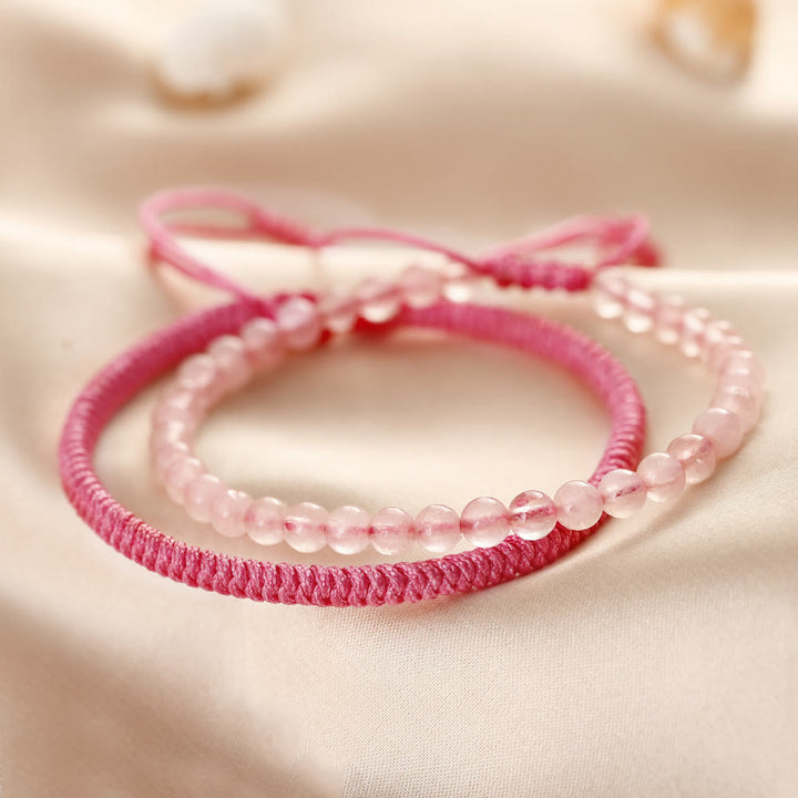 Pulsera trenzada de cuentas de cuarzo rosa natural de Olivenorma