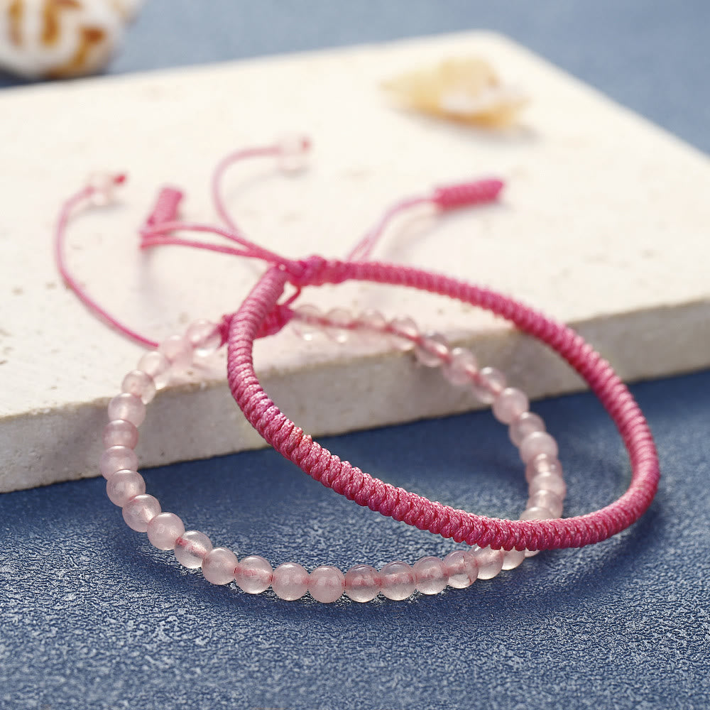 Pulsera trenzada de cuentas de cuarzo rosa natural de Olivenorma