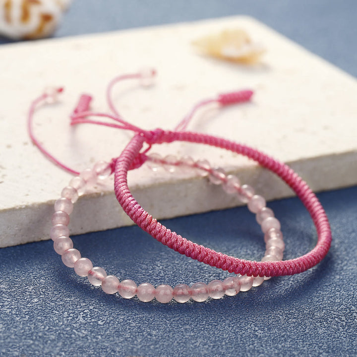 Pulsera trenzada de cuentas de cuarzo rosa natural de Olivenorma
