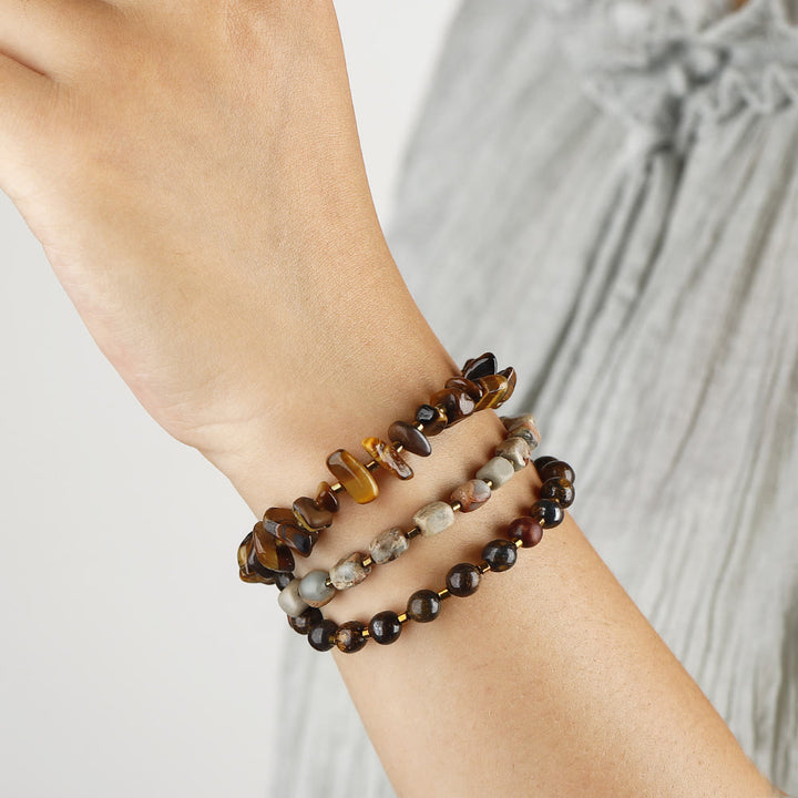 Pulsera de cuentas de ojo de tigre y agalmatolita de Olivenorma