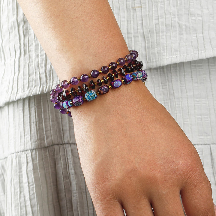 Pulsera de cuentas de piedra emperador violeta, amatista y granate de Olivenorma