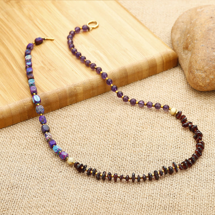 Pulsera de cuentas de piedra emperador violeta, amatista y granate de Olivenorma