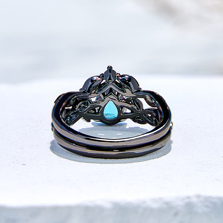 Juego de anillos de compromiso con hoja de aguamarina y piedra de la suerte de Olivenorma