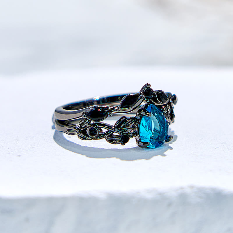 Juego de anillos de compromiso con hoja de aguamarina y piedra de la suerte de Olivenorma