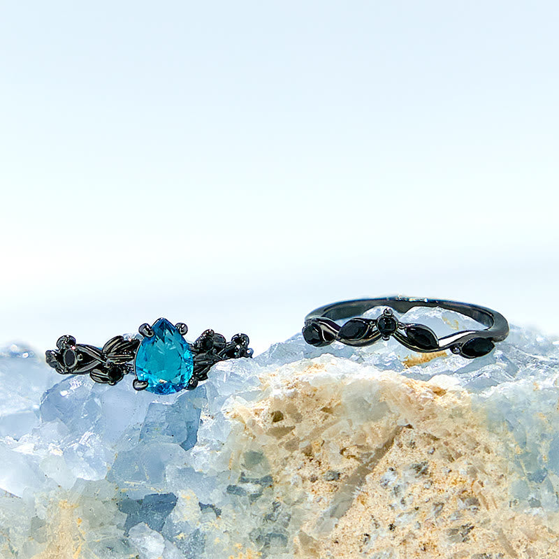 Juego de anillos de compromiso con hoja de aguamarina y piedra de la suerte de Olivenorma