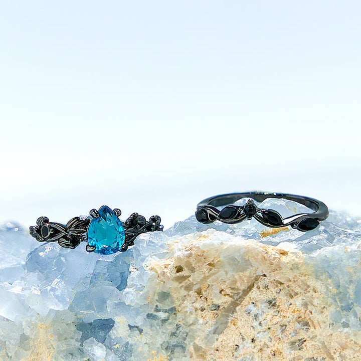 Juego de anillos de compromiso con hoja de aguamarina y piedra de la suerte de Olivenorma