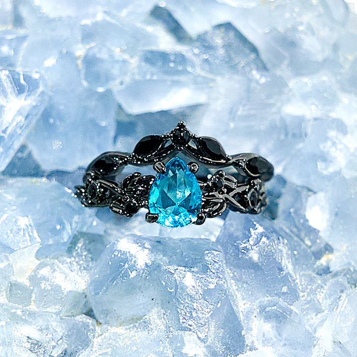 Juego de anillos de compromiso con hoja de aguamarina y piedra de la suerte de Olivenorma