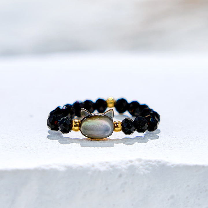 Anillo de cuentas de gatito de cristal transparente de obsidiana natural de Olivenorma