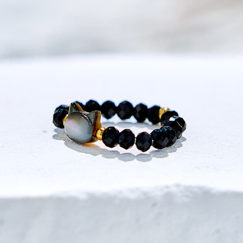Anillo de cuentas de gatito de cristal transparente de obsidiana natural de Olivenorma