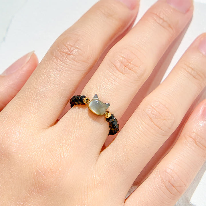 Anillo de cuentas de gatito de cristal transparente de obsidiana natural de Olivenorma