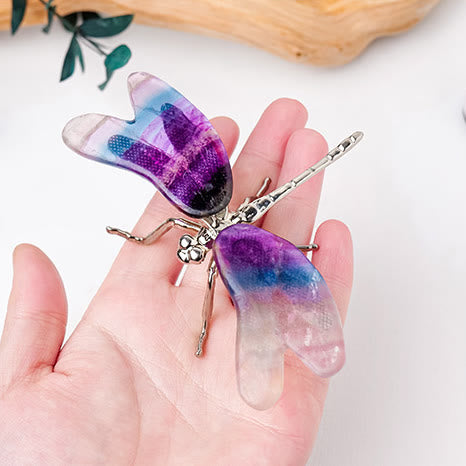 Adorno de mariposa y libélula con fluorita arcoíris de Olivenorma , piedra preciosa decorativa