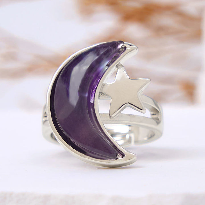 Anillo de amatista natural con luna y estrella de Olivenorma