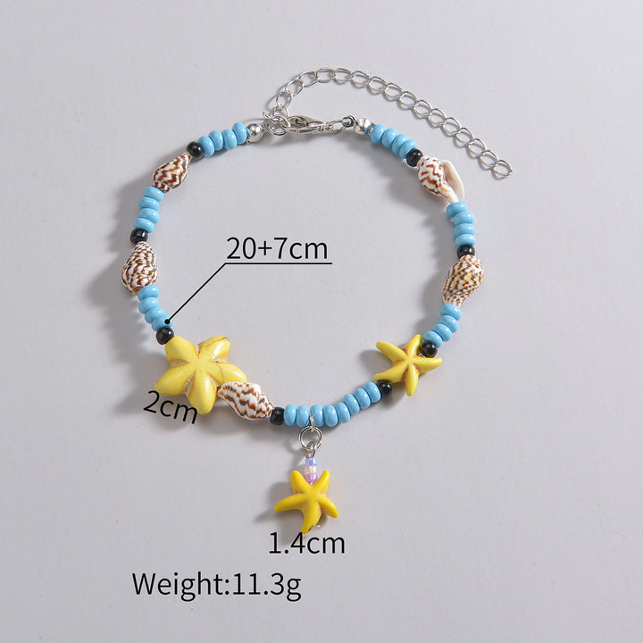 Tobillera con cuentas de estrella de mar en color azul turquesa y amarillo de Olivenorma