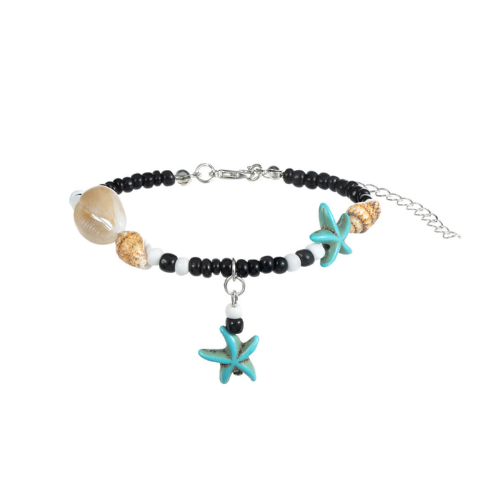 Tobillero con cuentas de caracol y estrella de mar de ónix negro y turquesa de Olivenorma
