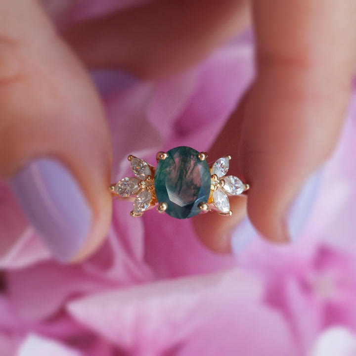 Anillo de hoja de circón y ágata musgosa de corte ovalado de Olivenorma