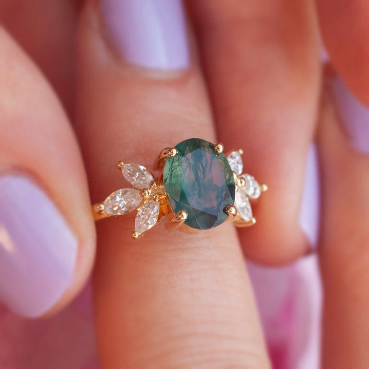 Anillo de hoja de circón y ágata musgosa de corte ovalado de Olivenorma