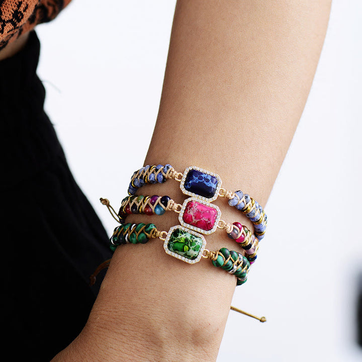 Pulsera trenzada con piedra emperador azul, verde y rosa de Olivenorma