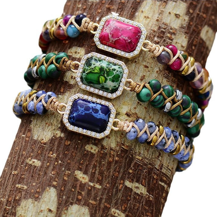 Pulsera trenzada con piedra emperador azul, verde y rosa de Olivenorma