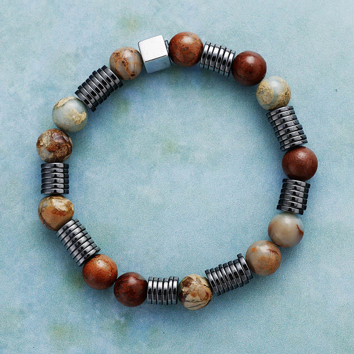 Pulsera de cuentas de agalmatolita, hematita y unakita de 8 mm de Olivenorma