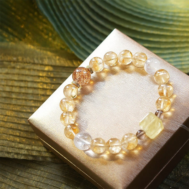Pulsera de cuentas de citrino y cuarzo rutilado dorado de Olivenorma
