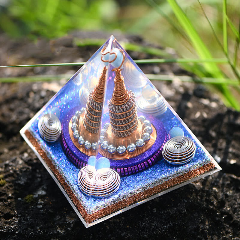Pirámide de orgón de aguamarina opalita con esfera celestial de Olivenorma