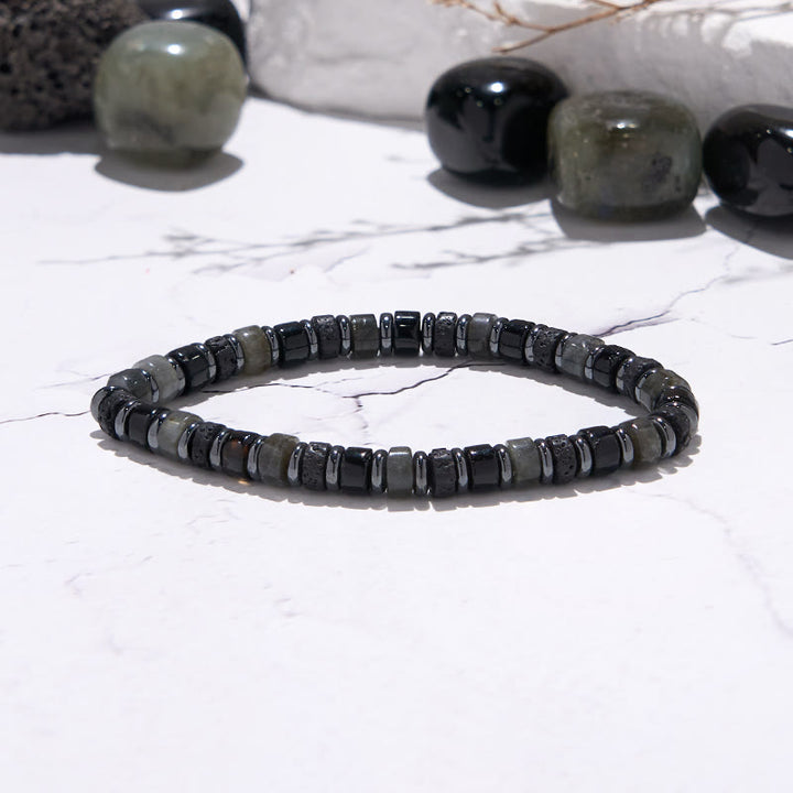 Pulsera de cuentas de lava, hematita y labradorita de Olivenorma